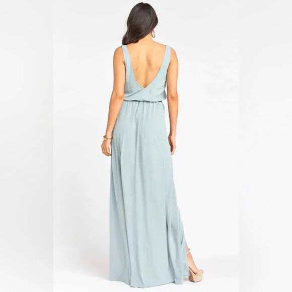 Show Me Your Mumu Kendall Chiffon Maxi Dress V-neck Size Large Silver Sage Blue - Picture 2 of 10